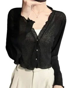 [Aecsoc]カーディガンレディース薄手ニートvネック長袖透ける無地冷房対策春夏UVカット日焼け予防無地シンプルゆったりおしゃれ通勤羽織りSL8287(ブラックS)