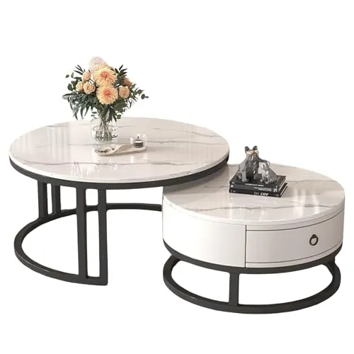 ネストテーブル 大理石調 センターテーブル ガラス ローテーブル 丸 2個セット セラミック ローテーブル 伸縮 北欧 引き出し 収納付き 入れ子式 リビング コンパクト 光沢感 艶あり 鏡面 円形 幅45cm 60cm 幅70cm 50cm サイドテーブ