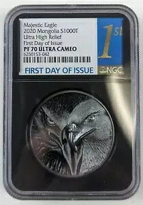 2020 モンゴル 1000T 2oz シルバー ウルトラ ハイ レリーフ マジェスティック イーグル NGC PF 70UC FDOI