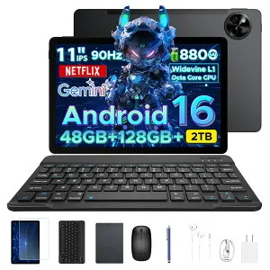【数量限定7000円OFF・6点部品付属】POCKAM P11 タブレット Android16 11インチ大画面 Gemini AI対応 8コアCPU 48GB RAM+128GB ROM+最大2TB拡張 FHD+ 90Hz高リフレッシュレート 8800mAh大容量 Widevine L1 Netflix対応 顔認