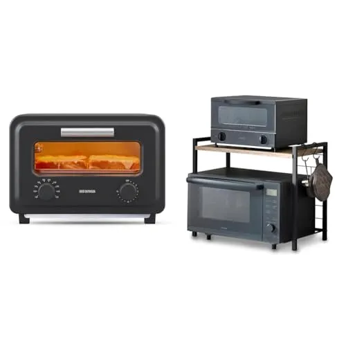 【セット買い】アイリスオーヤマ オーブントースター 2枚焼き スチーム 瞬間発熱 時短でより美味しく フラットカーボンヒーター使用 温度調節 タイマー SOT-201-B チャコール+レンジ上ラック RRN-532 ブラック/アッシュブラウン