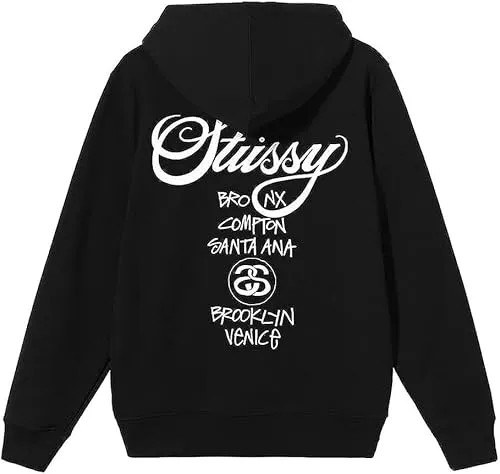 [ステューシー] スウエットパーカー ワールドツアー グラフィックプリント WORLD TOUR HOODIE 2COLORS [並行輸入] (L, ブラック)