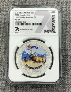 2021年 クック諸島 5ドル 米国州動物 ユタ州 ロッキーマウンテンエルク NGC MS70 7k