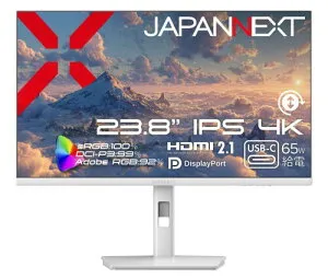 JAPANNEXT 23.8インチ IPSパネル搭載 4K(3840x2160)解像度 ホワイトカラー液晶モニター JN-IPS238U-HSPC6-W HDMI DP USB-C(最大65W給電) sRGB:100% DCI-P3:99% Adobe RGB:92% HDR PIP/PBP KVM 高さ調整 ピボット(縦回転)対応