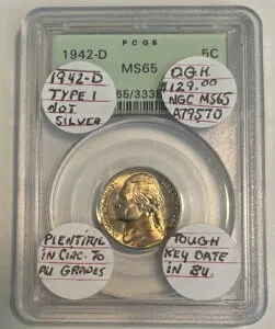 1942 D タイプ 1 (銀色ではない) ジェファーソン ニッケル MS65 (BU のタフ キー デート)