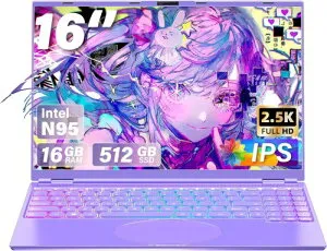 16インチノートパソコンCeleron N95/2.5K FHD(2560x1600) IPS 高速静音/Office 2019 1.7~3.4Ghz/メモリ:DDR4 16GB Webカメラ/USB 3.0*2/mini-HDMI/SSD拡張 Webカメラ付き/顔認証/7色のバックライト付きキーボード マ