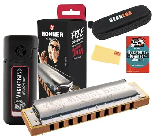 Hohner Marine Band 1896 ハーモニカ - Eb バンドルの鍵 ケース、ポーチ、取扱説明書、Austin Bazaar研磨布付き