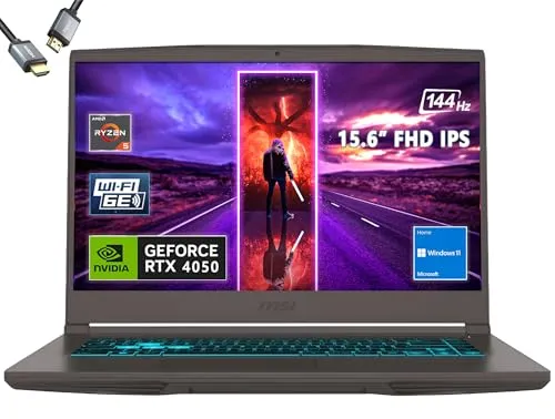 MSI Thin 15 15.6インチ 144Hz ゲーミングノートパソコン、AMD R5-7535HS RTX 4050、Window 11、HDMI (16GB RAM | 1TB PCIe SSD)。