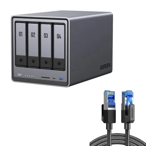 UGREEN NASync DXP4800 4-Bay NASバンドル、2M メッシュLANケーブル カテゴリー8付属 、Intel N100 クワッドコア CPU、8GB DDR5 RAM、32G eMMC、2 * 2.5GbE、2 * M.2 NVMe