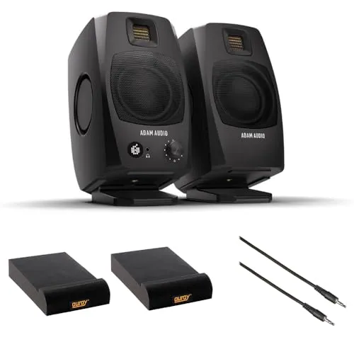 ADAM Audio D3V(ブラック) アクティブデスクトップモニタリングシステムバンドル。スタジオモニター用Auray IP-Sアイソレーションパッド2個と包括的なステレオミニオスからステレオミニオスケーブル-6フィート