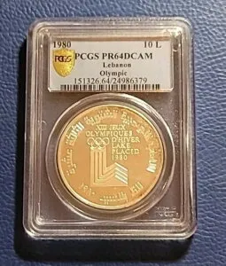 レバノン: 1980 年 銀貨 10 リーブル オリンピック レイクプラシッド KM-33 PCGS PR 64 DCAM。