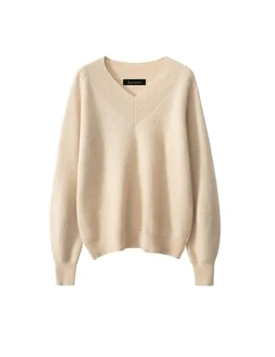 [Aecsoc] カシミヤ100%ニットリブ Vネック長袖セーターレディースゆったりニットドロップショルダートップスプルオーバー ZS2207 (ベージュ,S)