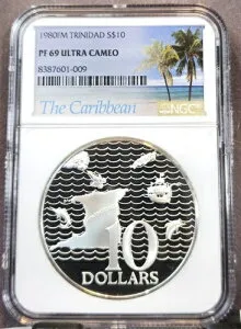 1980年 トリニダード シルバー 10ドル マップ＆オーシャン NGC PF 69 ウルトラカメオ レア トップポップ