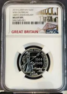 2014年 イギリス 20ポンド銀貨 第一次世界大戦記念 NGC MS 69 DPL