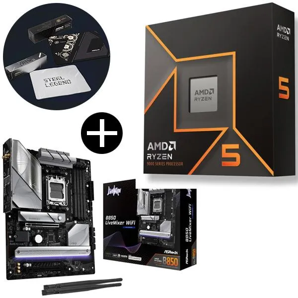 AMD Ryzen 5 9600X W/O Cooler WOF (6C/12T、3.9GHz、65W) CPU + ASRock B850 LiveMixer WiFi ATXマザーボード + ASRockオリジナルマウスパッド セット
