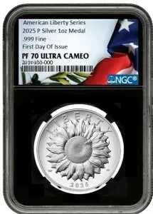 2025年 シルバー アメリカン リバティ メダル 1オンス NGC PF70 ウルトラカメオ FDI 、初日発行