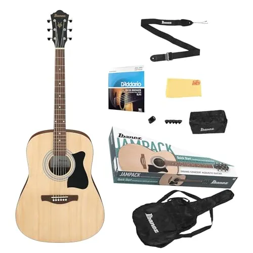 Ibanez IJV50 JamPack Dreadnought アコースティックギターパック - オープンポア ナチュラルバンドル ギグバッグ、チューナー、ストリングス、ポーチ、ストラップ、ピック、Austin Bazaarポリッシュクロス付き