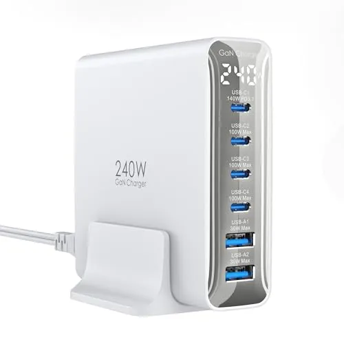 TOPADRE 240w 充電器 PD3.1対応 6ポート同時急速充電【C1 単ポート140W MAX/ディスプレイ搭載 /1.5mケーブル付】USB コンセント GaNFastⅢ 対応 PCに急速充電対応 MacBook Pro14”/16” 対応 Ma