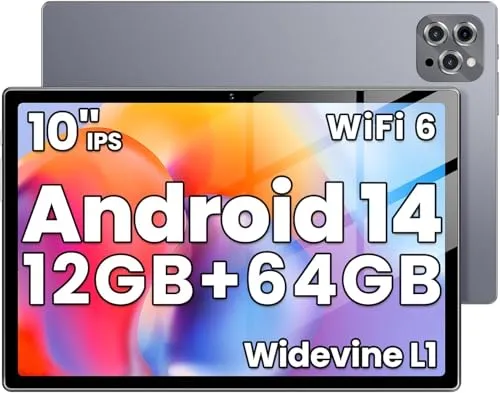 【タブレット 10インチ wi-fiモデル】12GB+64GB+1TB TF拡張、8コアCPU WidevineL1+GMS認証+Type-C充電+6000mAh、Android タブレット 1280*800 IPS画面 、WiFi6+BT5.0+OTG+