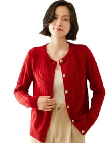 [Aecsoc] 軽量ピュア100%カシミアカーディガン アーガイル 秋冬 冬 厚手 おしゃれ M ~ 2XL レディースNF2460(赤,L)