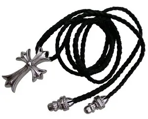 CHROME HEARTS SMALL CROSS PENDANT W/LEATHER BRAID NECKLACE クロムハーツ スモールクロス ペンダントレザー ネックレス