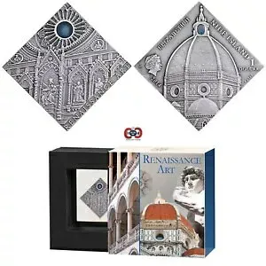 ニウエ 2014 クリスタル アート RENAISSANCE 純銀スクエアコイン 瑪瑙インサート付き 完璧