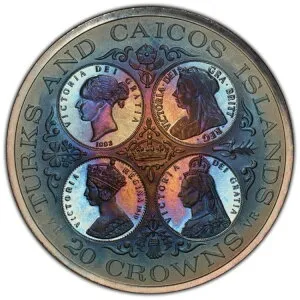 1976年 タークス・カイコス諸島 シルバー 20クラウン クイーン・ビクトリア PCGS PR67DCAM レインボー RGUTH013