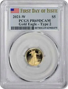2021-W 5ドル アメリカンプルーフゴールド イーグル タイプ2 PR69DCAM 発行初日 PCGS
