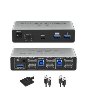 8K@60HzHDMI+DisplayPortKVMスイッチ2入力2出力PC2台モニター2台KVM切替器HDMI2.1パソコン2台モニター2台切り替え4つのUSB3.0ポートキーボード/マウス/プリンター/他のデバイス対応