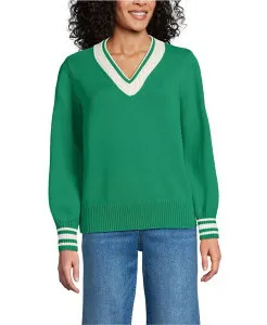 ランズエンド レディース アウター ニット・セーター Vネック Lands' End Women's Drifter Set in Sleeve Vneck Sweater Vibrant clover/ivory tipping アイボリー