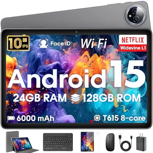 Android 15 タブレット 10インチ、24GB RAM 128 ROM、キーボードケース付きタブレット、マウススタイラス、1TB 拡張可能、Octa-Core 6000mAh 1280x800 IPS HD、5G WiFi、T615 CPU、高性能