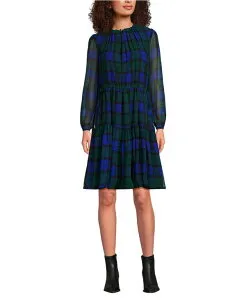 ランズエンド レディース トップス ワンピース シフォン Lands' End Women's Chiffon Above the Knee Adjustable Dress Cobalt blackwatch plaid コバルト