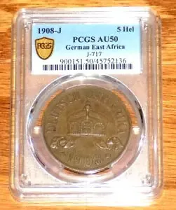 1908-J 5 ヘラー ドイツ東アフリカ PCGS AU 50 ドイツ植民地アフリカ コイン
