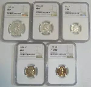 ブラストホワイト 1955 プルーフセット - コイン5枚すべてグレード NGC PR69、PR 69、PF 69