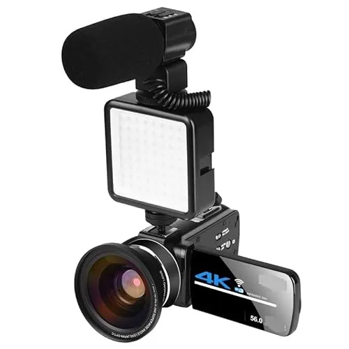 ビデオカメラ 写真用56MPデジタルカメラ4KビデオカメラWIFIウェブカメラVlogセット18Xデジタルズームナイトビジョンビデオレコーダー 運動会、卒業式、忘年会用(16G SD Card,With Lens Light MIC)