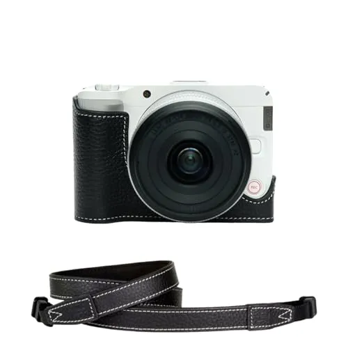 TP Original Canon EOS R50 V 専用 ハンドメイド+15カメラストラップ 本革 ボディケース ハーフカメラケース バッグ カバー 電池交換便利 底面開閉 手作り 専用対応カメラカバー (ブラック)