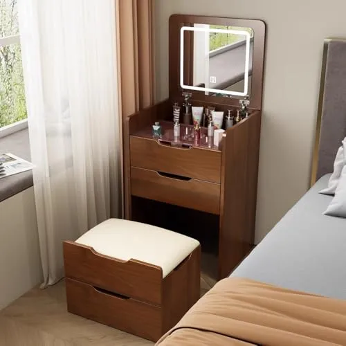 AOUMK ドレッサー コンパクト テーブル ライト付き 幅48/60cm 大容量収納力 白 LEDライト付き 女優ミラー 鏡台 化粧台 ホワイト スツール付き (60*40*80CM,ブラウン)