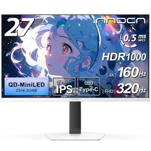 INNOCNQD-MiniLED4kモニター27インチゲーミングモニター4K@160Hz/フルHD@320Hz切り替えデュアルモニターホワイト0.5msMPCS非光沢広色域無輝点保証対応(量子ドット/HDR1000/HDMI