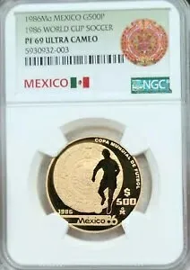 1986 メキシコ ゴールド 500 ペソ G500P ワールドカップ NGC PF 69 ウルトラ カメオ レア ビューティー