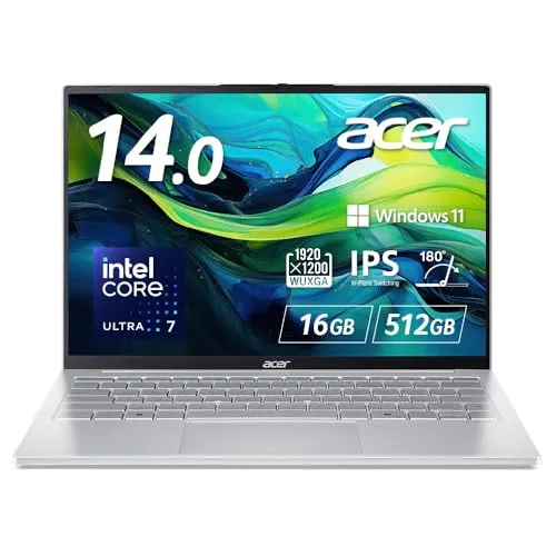 Acer ノートパソコン Swift Lite 14 AI Core Ultra 7 16GBメモリー 512GB SSD 14インチ WUXGA 16:10 IPSパネル 990g 9時間駆動 フルHD Webカメラ スライドカバー付 WiFi 6対応