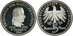 西ドイツ 1955-F 5マルク、シラー、PCGS PR64DCAM