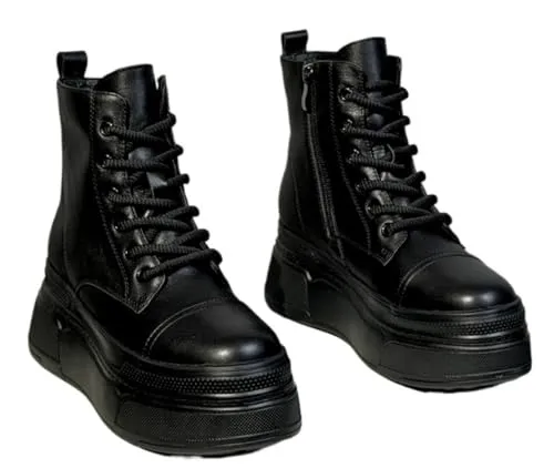 [kzzkoo] 厚底ブーツ スニーカー 10 12 14 16cm レディース ショートブーツ 編み上げ サイドジッパー付き レースアップ 身長アップ靴 インヒール 厚底靴 シークレットシューズ コスプレ 黒 履きやすい 大きサイズ (ブラック ヒール1
