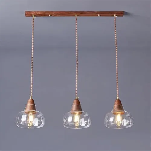 Art Decorative Pendant Light with Clear Glass Holder American Bedside Hanging Lamp Walnut Lighting Fixtures(3 Lights)