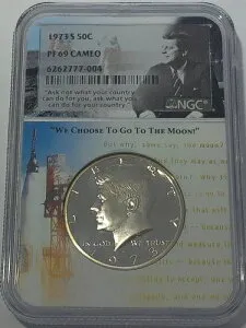 1973年 S NGC PF69 カメオクラッドプルーフ ケネディハーフダラー 50セント トゥ・ザ・ムーンラベル
