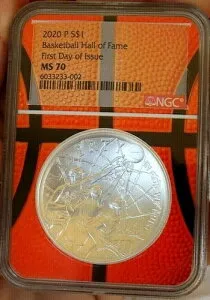 2020-P バスケットボール殿堂 NGC MS-70 カーブドシルバー .999 シルバードルコイン