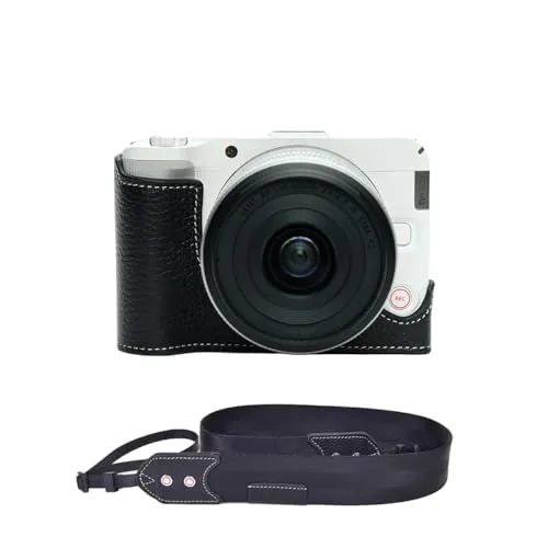 TP Original Canon EOS R50 V 専用 ハンドメイド+Rカメラストラップ 本革 ボディケース ハーフカメラケース バッグ カバー 電池交換便利 底面開閉 手作り 専用対応カメラカバー (ブラック)