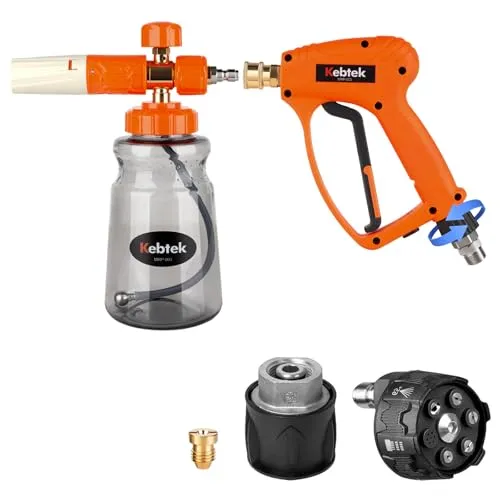 【ねじれ防止・引金保持機能】Kebtek 高圧洗浄ショートガン 6in1洗車 ねじれ防止（スイベル付き） 引金保持機能 フォームガン M22 14mm真ちゅう製 ケルヒャー（Karcher）Kシリーズのクイックホース対応 高圧洗浄ガン 洗車 洗床用 掃除用