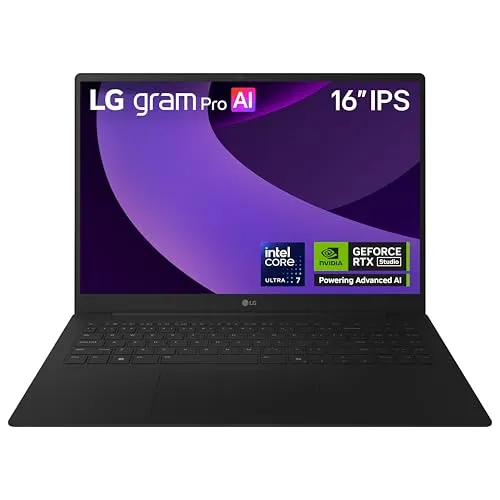 LG gram Pro 16インチ軽量ノートパソコン。Intel Evoエディション。Intel Core Ultra7 255Hプロセッサー搭載。NVIDIA RTX5050、Windows 11 Home、32GB RAM、2TB SSD、ブラック。