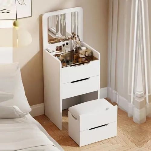 ドレッサー 化粧台 ベッドサイドテーブル フリップトップ 幅40/60cm LEDライト 大容量収納 引き出し収納 省スペース 小さな寝室、多用途 省スペース ベッドの近くでの使用に適しています (クリーミーホワイト（ライトなし）,48cm)