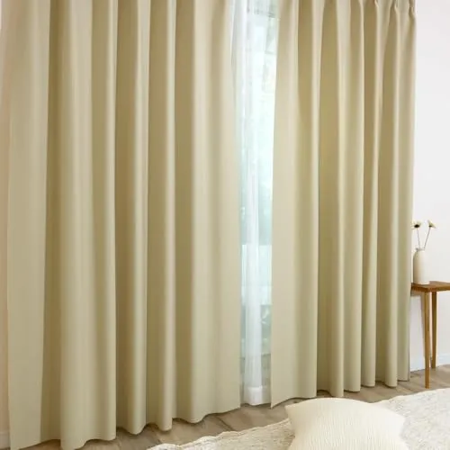 [カエイレース] ドレープ カーテン 2枚組【日本製 144サイズ】サイド・裾シームレスでスタイリッシュできれいなドレープ遮光3級(遮光率99.40%以上99.80%未満) 防炎機能 遮熱 断熱 保温 目隠し【幅150ｃｍ×丈140ｃｍ 】ベージュ